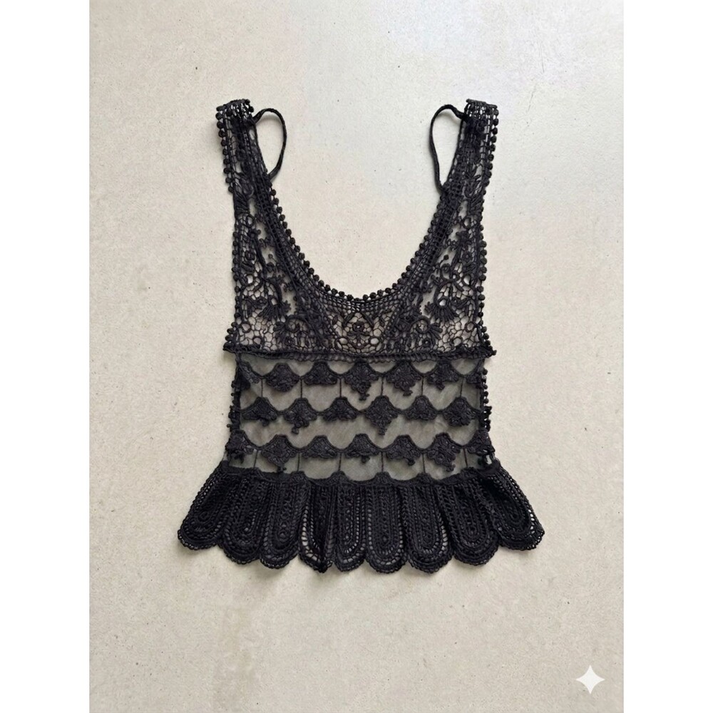 Y2K Vintage Black Crochet Lace Cami Tank Top Fairy Grunge Whimsigoth Festival